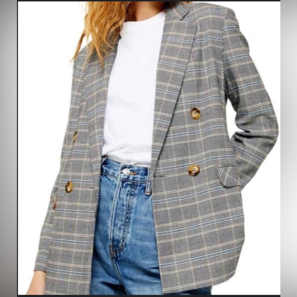 Topshop Gray Plaid Double-Breasted Blazer